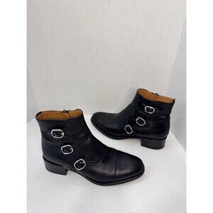 Magnanni Womens Black Leather Ankle Boots Size 7 Zip Buckle Block Heel
